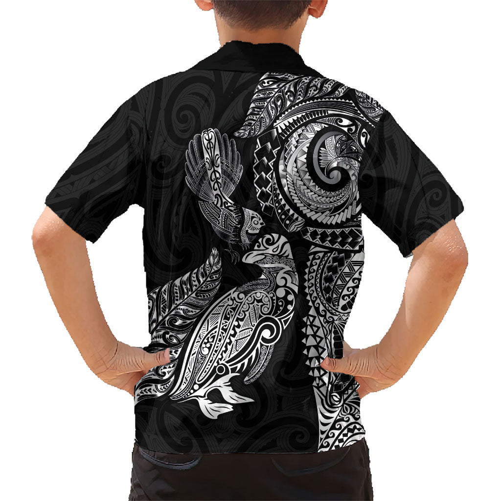 Aotearoa Moko Tribal Tattoo Family Matching Puletasi and Hawaiian Shirt New Zealand Maori Penguin and Fantail Black Color LT03 - Polynesian Pride