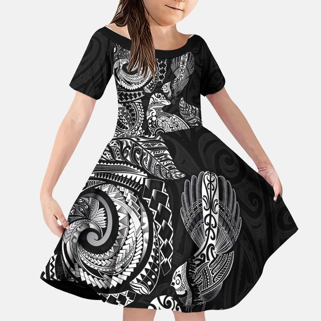 Aotearoa Moko Tribal Tattoo Family Matching Puletasi and Hawaiian Shirt New Zealand Maori Penguin and Fantail Black Color LT03 Daughter's Dress Black - Polynesian Pride