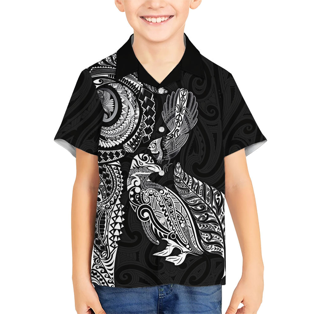Aotearoa Moko Tribal Tattoo Family Matching Puletasi and Hawaiian Shirt New Zealand Maori Penguin and Fantail Black Color LT03 Son's Shirt Black - Polynesian Pride