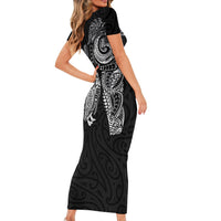 Aotearoa Moko Tribal Tattoo Family Matching Short Sleeve Bodycon Dress and Hawaiian Shirt New Zealand Maori Penguin and Fantail Black Color LT03 - Polynesian Pride