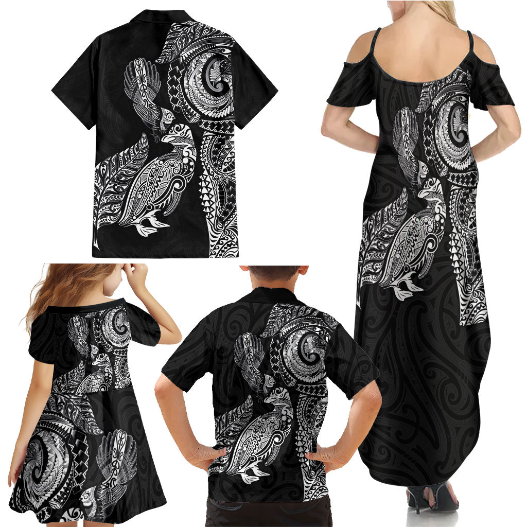 Aotearoa Moko Tribal Tattoo Family Matching Summer Maxi Dress and Hawaiian Shirt New Zealand Maori Penguin and Fantail Black Color LT03 - Polynesian Pride