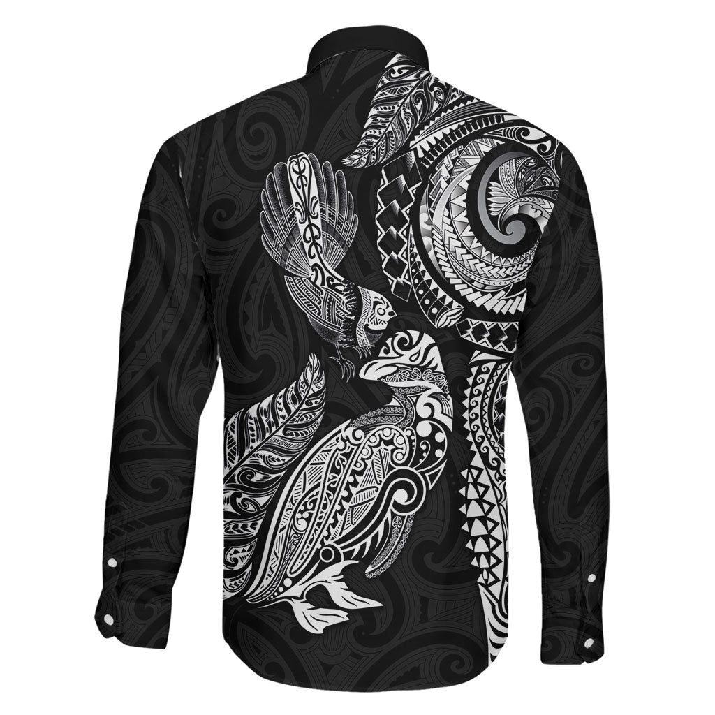 Aotearoa Moko Tribal Tattoo Family Matching Summer Maxi Dress and Hawaiian Shirt New Zealand Maori Penguin and Fantail Black Color LT03 - Polynesian Pride
