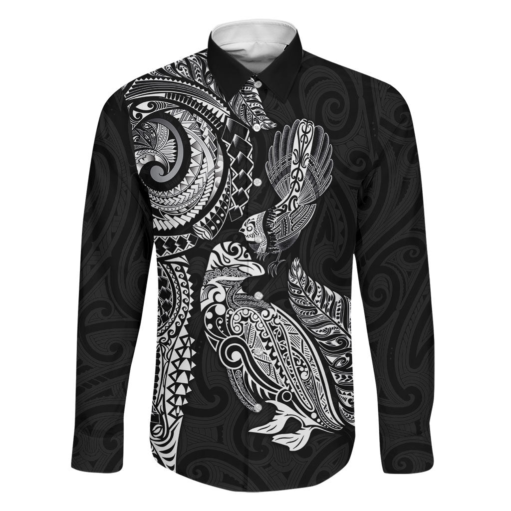 Aotearoa Moko Tribal Tattoo Family Matching Tank Maxi Dress and Hawaiian Shirt New Zealand Maori Penguin and Fantail Black Color LT03 Dad's Shirt - Long Sleeve Black - Polynesian Pride