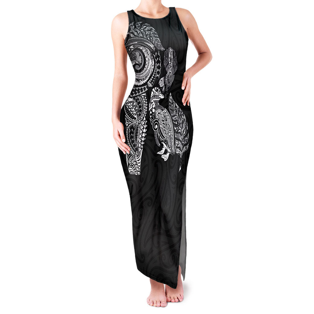 Aotearoa Moko Tribal Tattoo Family Matching Tank Maxi Dress and Hawaiian Shirt New Zealand Maori Penguin and Fantail Black Color LT03 Mom's Dress Black - Polynesian Pride