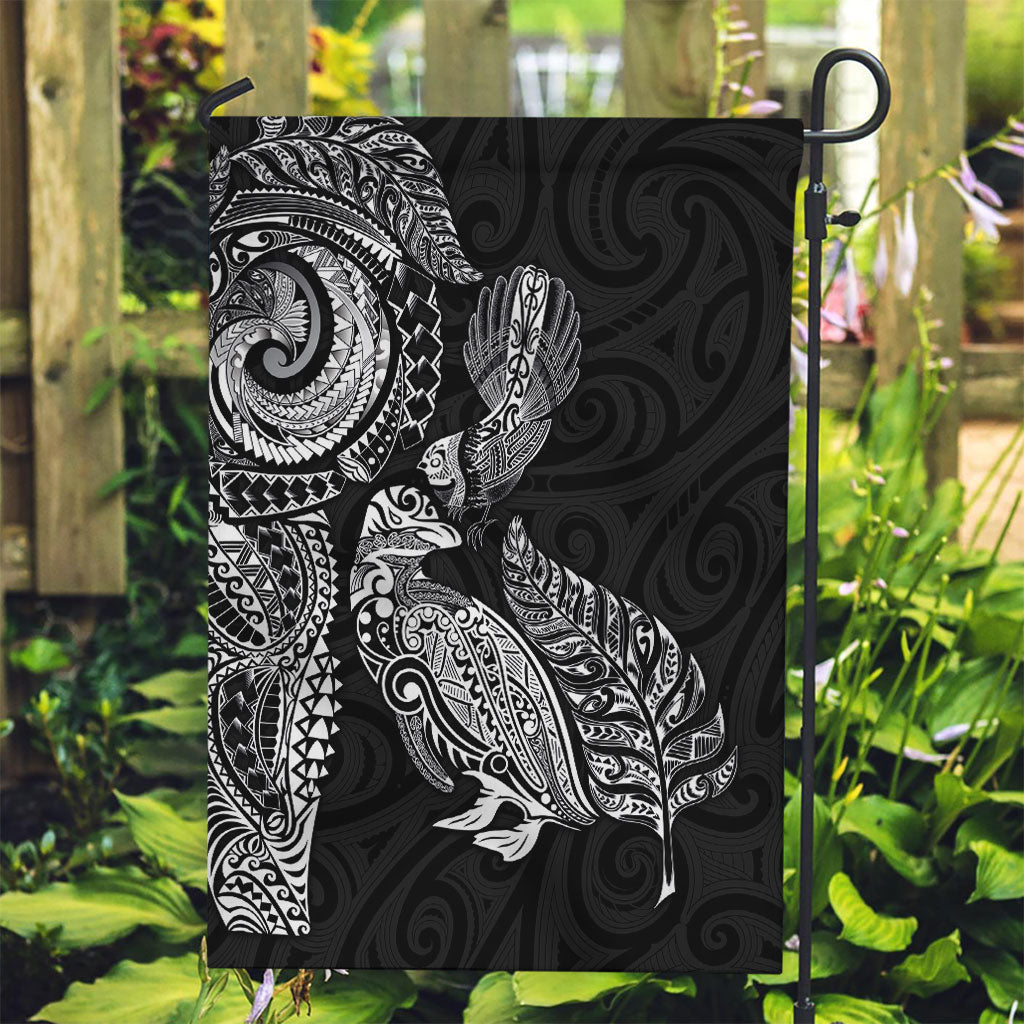 Aotearoa Moko Tribal Tattoo Garden Flag New Zealand Maori Penguin and Fantail Black Color