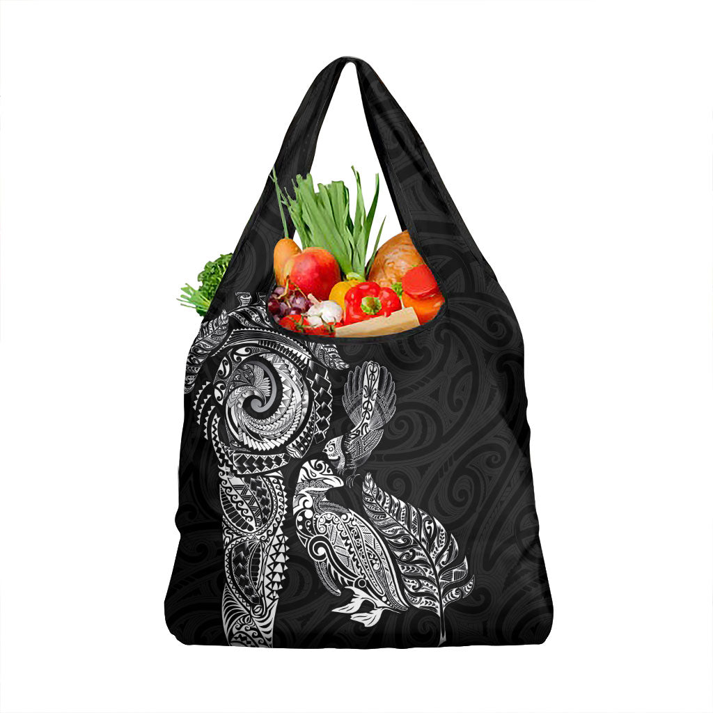 Aotearoa Moko Tribal Tattoo Grocery Bag New Zealand Maori Penguin and Fantail Black Color