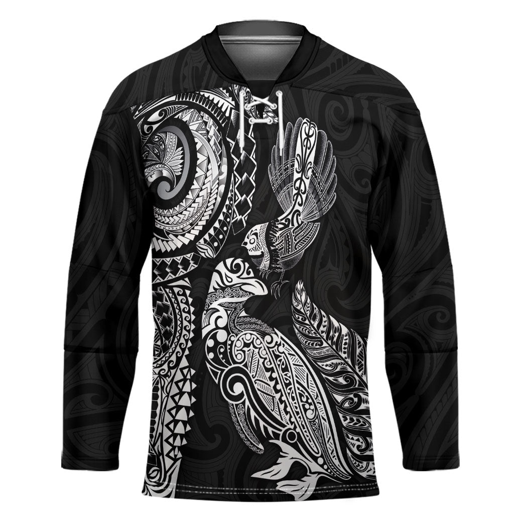 Aotearoa Moko Tribal Tattoo Hockey Jersey New Zealand Maori Penguin and Fantail Black Color LT03 Unisex Black - Polynesian Pride