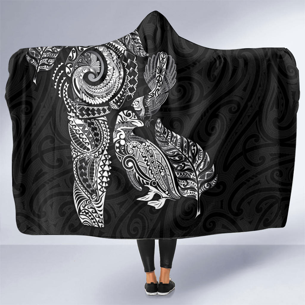 Aotearoa Moko Tribal Tattoo Hooded Blanket New Zealand Maori Penguin and Fantail Black Color