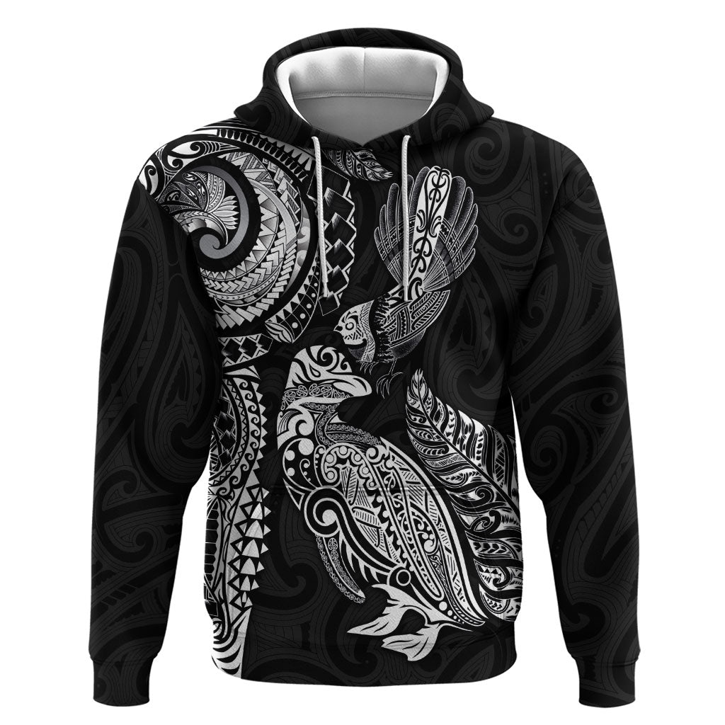 Aotearoa Moko Tribal Tattoo Hoodie New Zealand Maori Penguin and Fantail Black Color