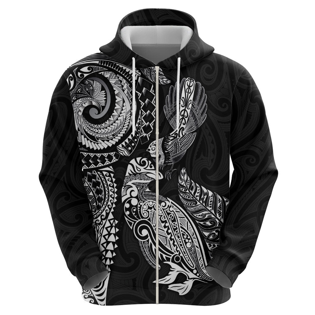 Aotearoa Moko Tribal Tattoo Hoodie New Zealand Maori Penguin and Fantail Black Color