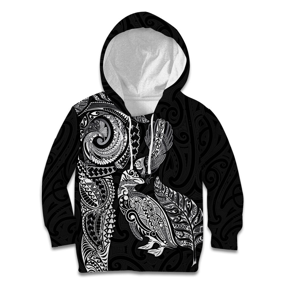 Aotearoa Moko Tribal Tattoo Kid Hoodie New Zealand Maori Penguin and Fantail Black Color LT03 Hoodie Black - Polynesian Pride