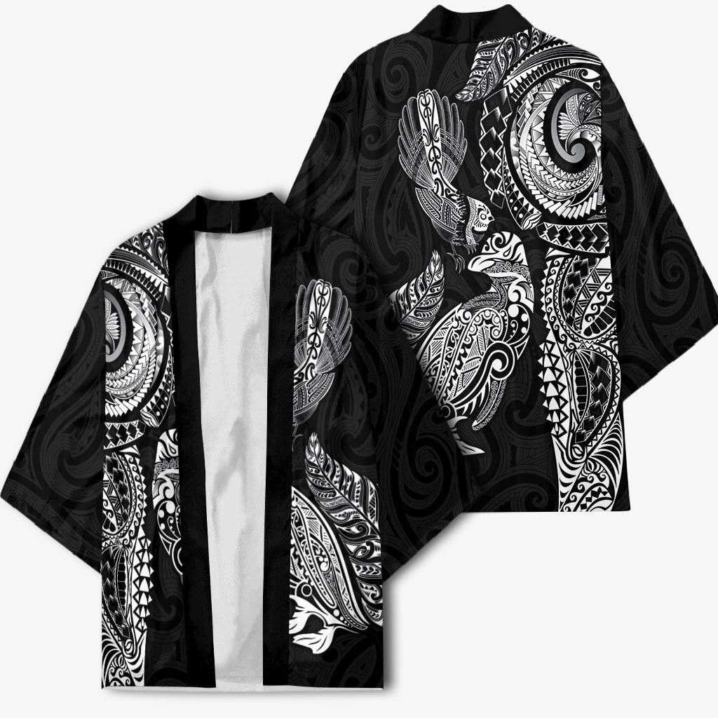Aotearoa Moko Tribal Tattoo Kimono New Zealand Maori Penguin and Fantail Black Color LT03 - Polynesian Pride