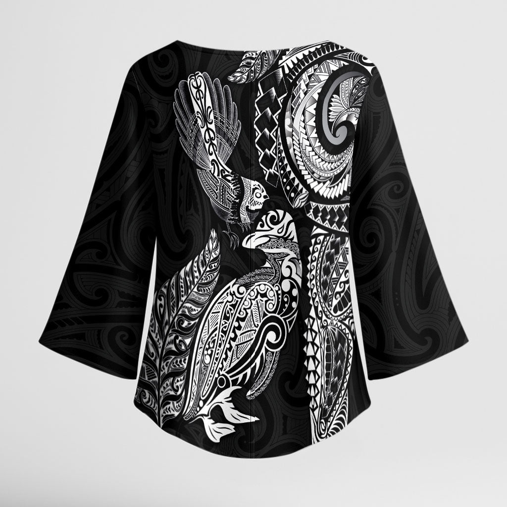 Aotearoa Moko Tribal Tattoo Kimono Sleeve Blouse New Zealand Maori Penguin and Fantail Black Color LT03 - Polynesian Pride