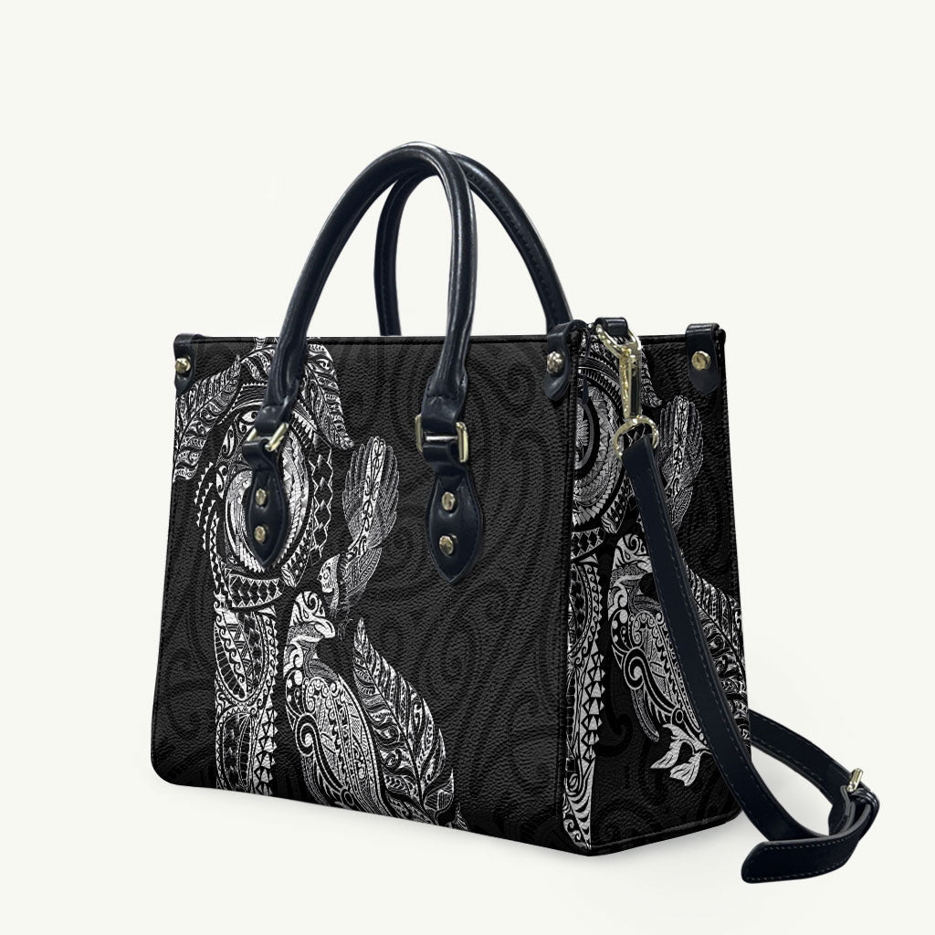 Aotearoa Moko Tribal Tattoo Leather Bag New Zealand Maori Penguin and Fantail Black Color LT03 Black - Polynesian Pride