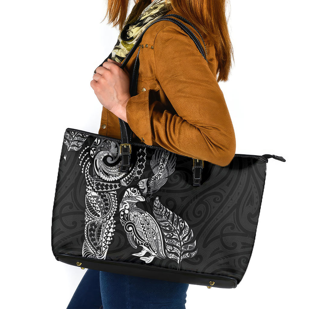 Aotearoa Moko Tribal Tattoo Leather Tote Bag New Zealand Maori Penguin and Fantail Black Color