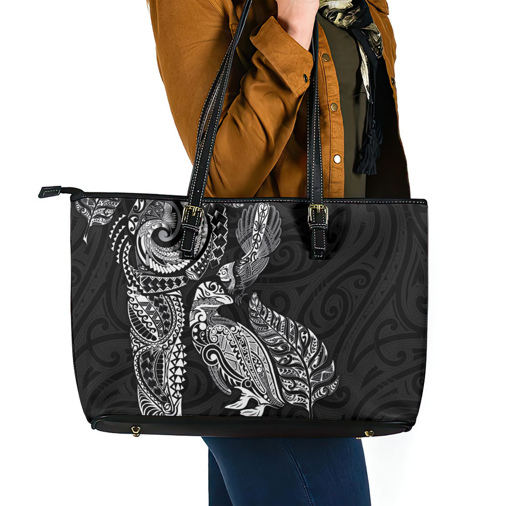 Aotearoa Moko Tribal Tattoo Leather Tote Bag New Zealand Maori Penguin and Fantail Black Color LT03 - Polynesian Pride