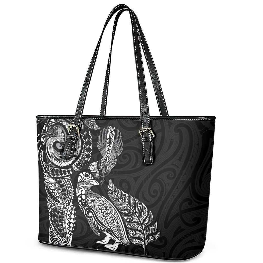 Aotearoa Moko Tribal Tattoo Leather Tote Bag New Zealand Maori Penguin and Fantail Black Color LT03 - Polynesian Pride