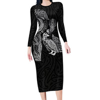 Aotearoa Moko Tribal Tattoo Long Sleeve Bodycon Dress New Zealand Maori Penguin and Fantail Black Color LT03 Long Dress Black - Polynesian Pride