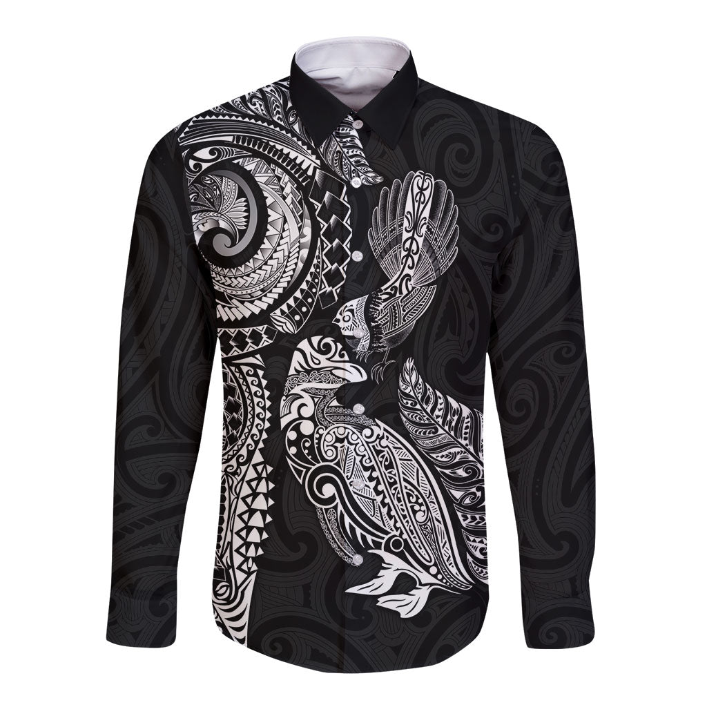 Aotearoa Moko Tribal Tattoo Long Sleeve Button Shirt New Zealand Maori Penguin and Fantail Black Color