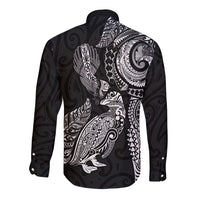 Aotearoa Moko Tribal Tattoo Long Sleeve Button Shirt New Zealand Maori Penguin and Fantail Black Color LT03 - Polynesian Pride