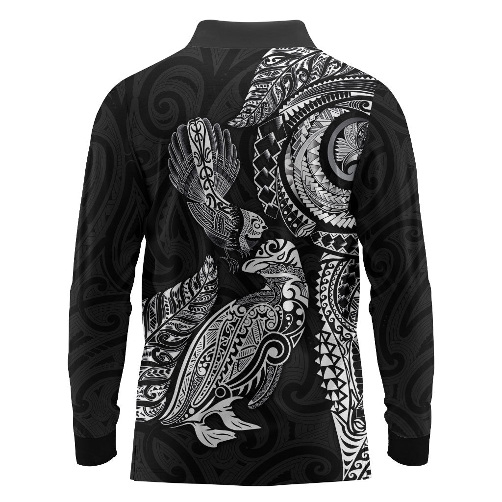 Aotearoa Moko Tribal Tattoo Long Sleeve Polo Shirt New Zealand Maori Penguin and Fantail Black Color
