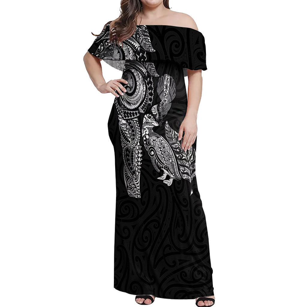 Aotearoa Moko Tribal Tattoo Off Shoulder Maxi Dress New Zealand Maori Penguin and Fantail Black Color