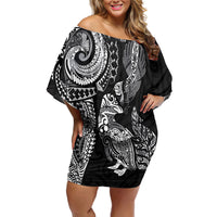 Aotearoa Moko Tribal Tattoo Off Shoulder Short Dress New Zealand Maori Penguin and Fantail Black Color