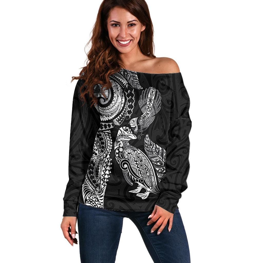 Aotearoa Moko Tribal Tattoo Off Shoulder Sweater New Zealand Maori Penguin and Fantail Black Color