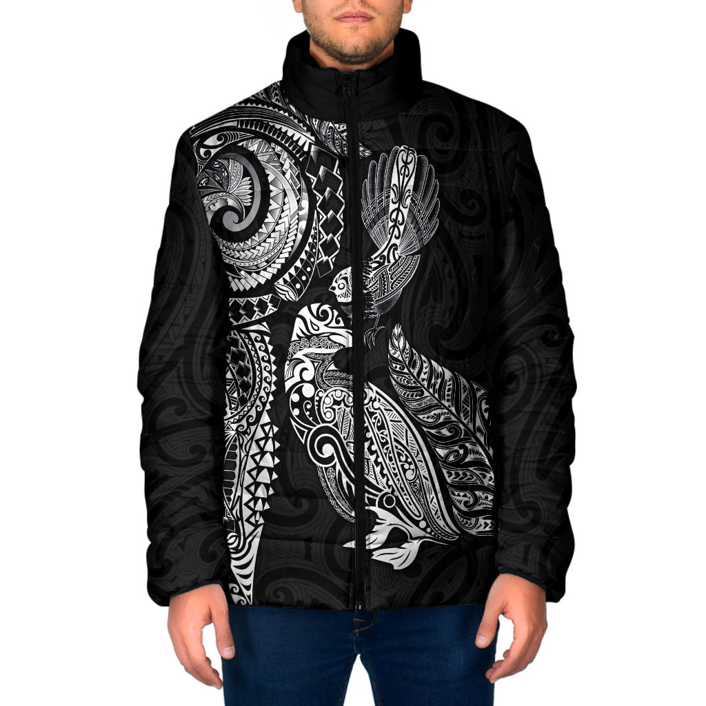 Aotearoa Moko Tribal Tattoo Padded Jacket New Zealand Maori Penguin and Fantail Black Color LT03 Men Black - Polynesian Pride