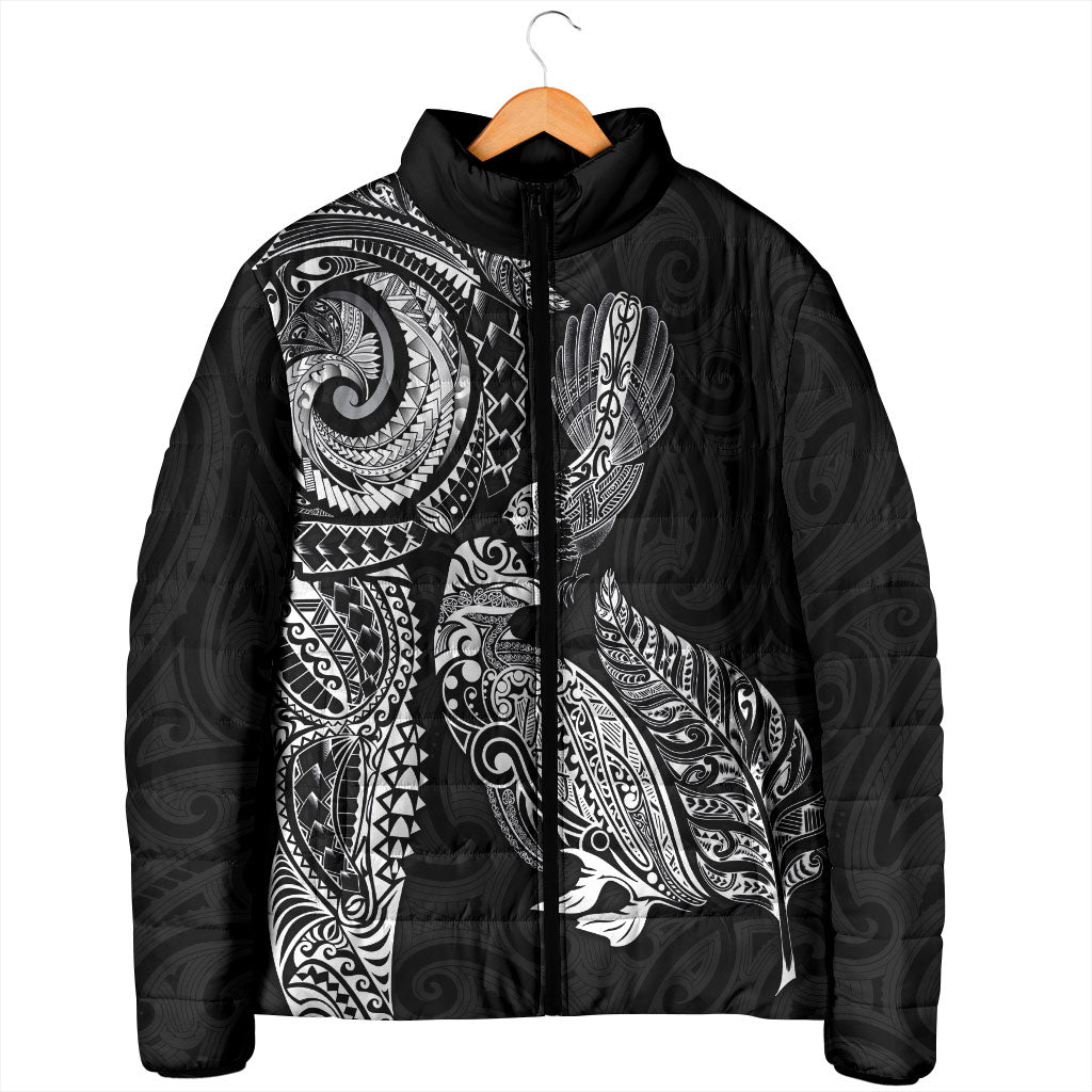 Aotearoa Moko Tribal Tattoo Padded Jacket New Zealand Maori Penguin and Fantail Black Color LT03 - Polynesian Pride
