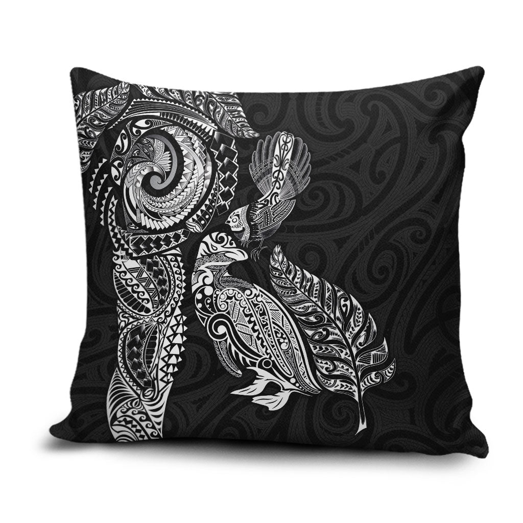 Aotearoa Moko Tribal Tattoo Pillow Cover New Zealand Maori Penguin and Fantail Black Color