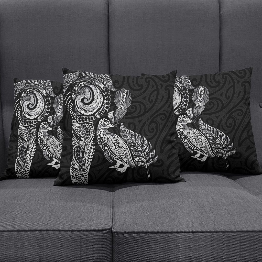 Aotearoa Moko Tribal Tattoo Pillow Cover New Zealand Maori Penguin and Fantail Black Color LT03 - Polynesian Pride
