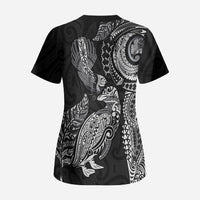 Aotearoa Moko Tribal Tattoo Scrub Top New Zealand Maori Penguin and Fantail Black Color LT03 - Polynesian Pride