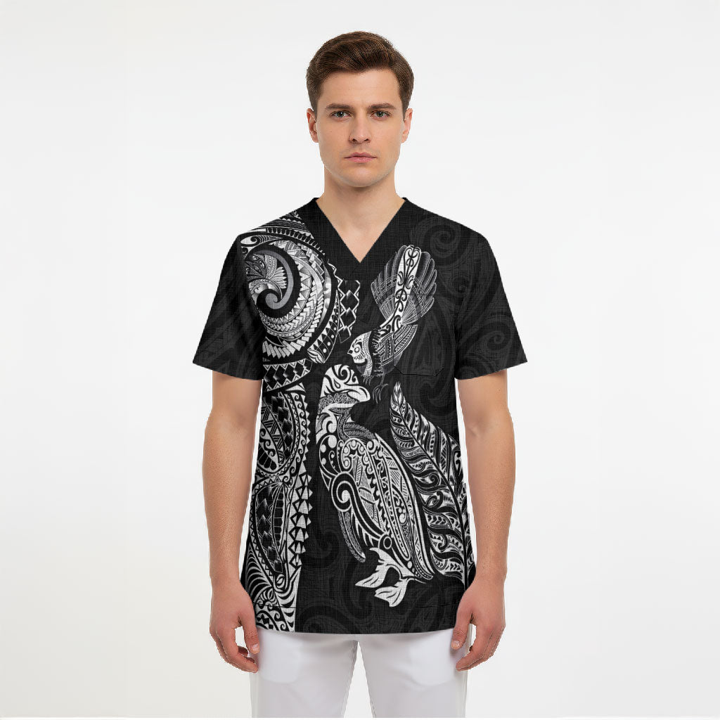 Aotearoa Moko Tribal Tattoo Scrub Top New Zealand Maori Penguin and Fantail Black Color LT03 - Polynesian Pride