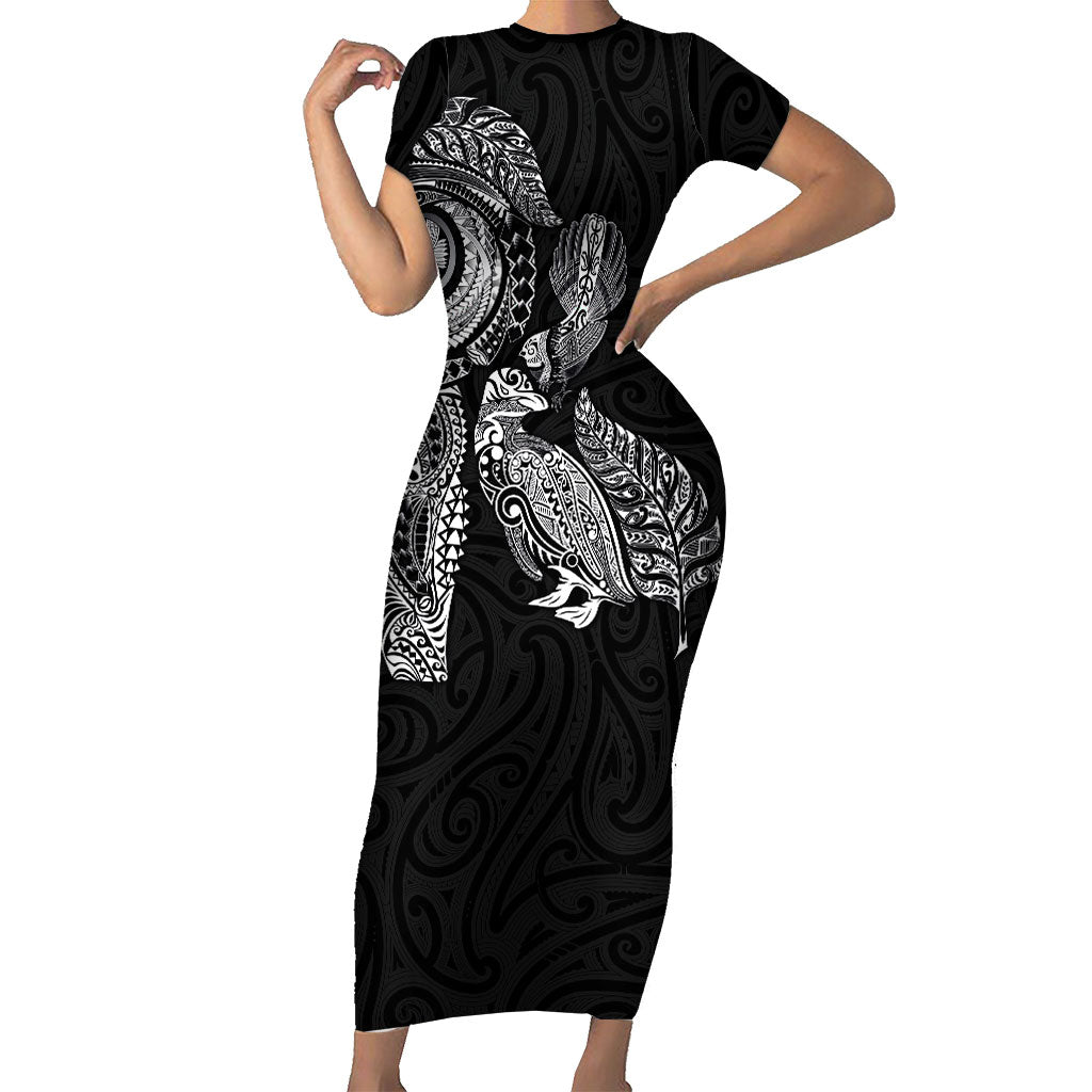Aotearoa Moko Tribal Tattoo Short Sleeve Bodycon Dress New Zealand Maori Penguin and Fantail Black Color