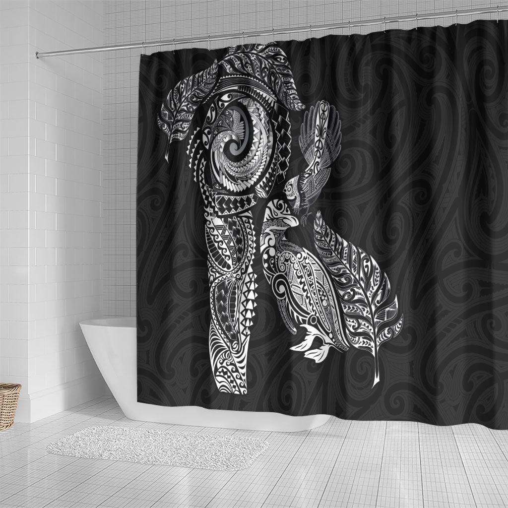 Aotearoa Moko Tribal Tattoo Shower Curtain New Zealand Maori Penguin and Fantail Black Color LT03 - Polynesian Pride