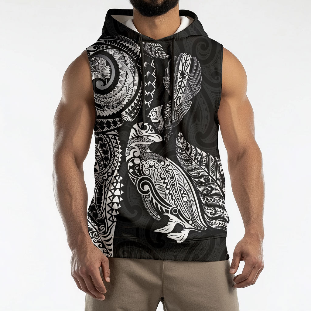 Aotearoa Moko Tribal Tattoo Sleeveless Hoodie New Zealand Maori Penguin and Fantail Black Color LT03 - Polynesian Pride