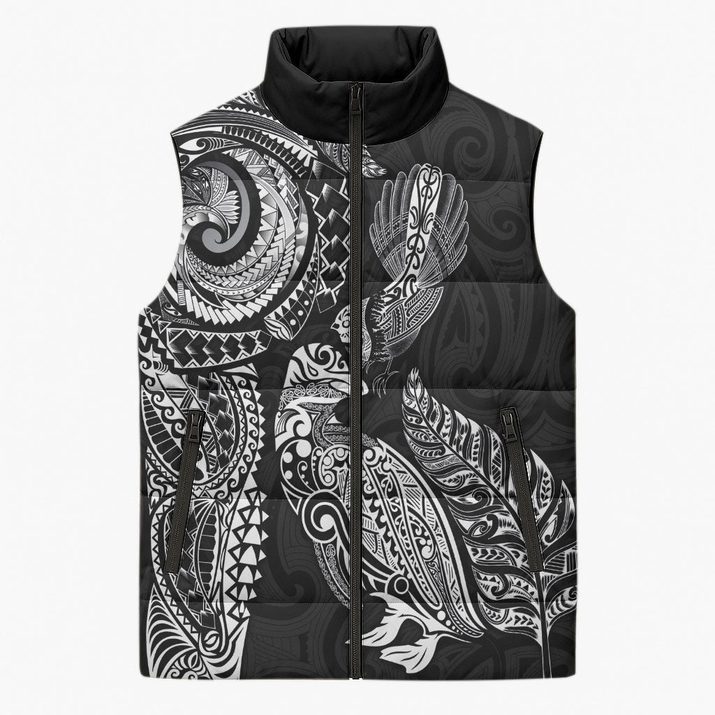 Aotearoa Moko Tribal Tattoo Sleeveless Puffer Jacket New Zealand Maori Penguin and Fantail Black Color