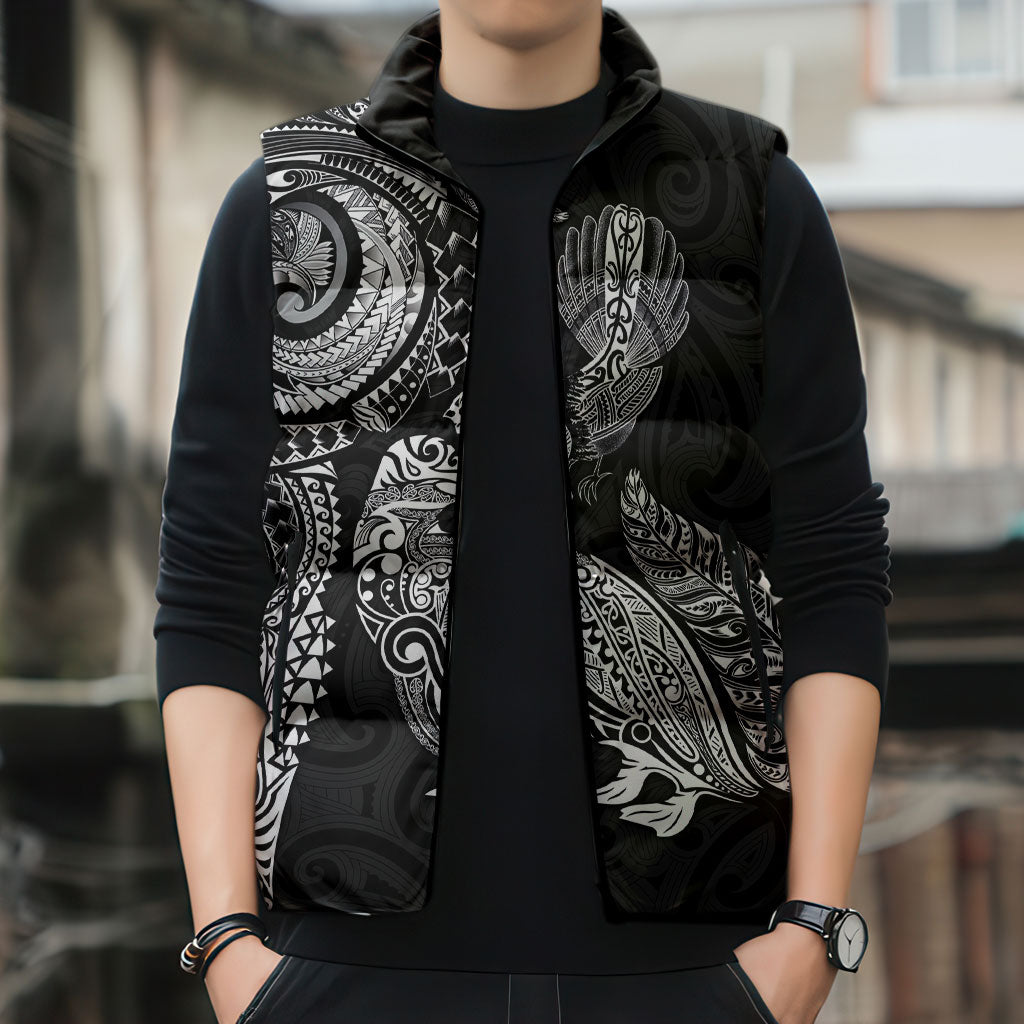 Aotearoa Moko Tribal Tattoo Sleeveless Puffer Jacket New Zealand Maori Penguin and Fantail Black Color LT03 - Polynesian Pride