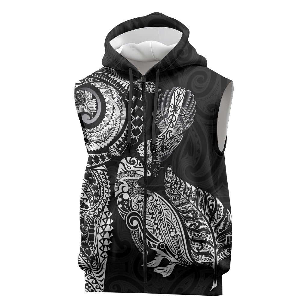 Aotearoa Moko Tribal Tattoo Sleeveless Zip Hoodie New Zealand Maori Penguin and Fantail Black Color