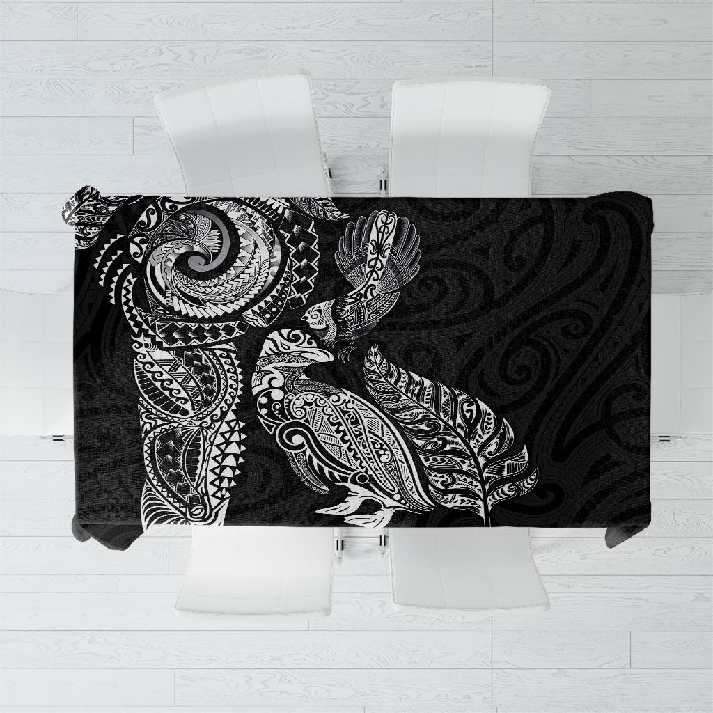 Aotearoa Moko Tribal Tattoo Tablecloth New Zealand Maori Penguin and Fantail Black Color LT03 Black - Polynesian Pride