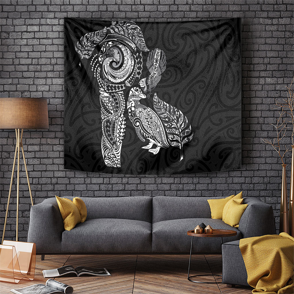 Aotearoa Moko Tribal Tattoo Tapestry New Zealand Maori Penguin and Fantail Black Color