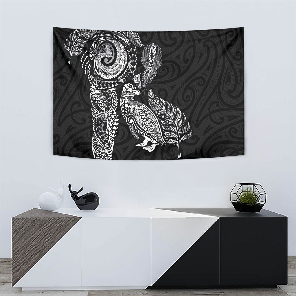 Aotearoa Moko Tribal Tattoo Tapestry New Zealand Maori Penguin and Fantail Black Color LT03 - Polynesian Pride