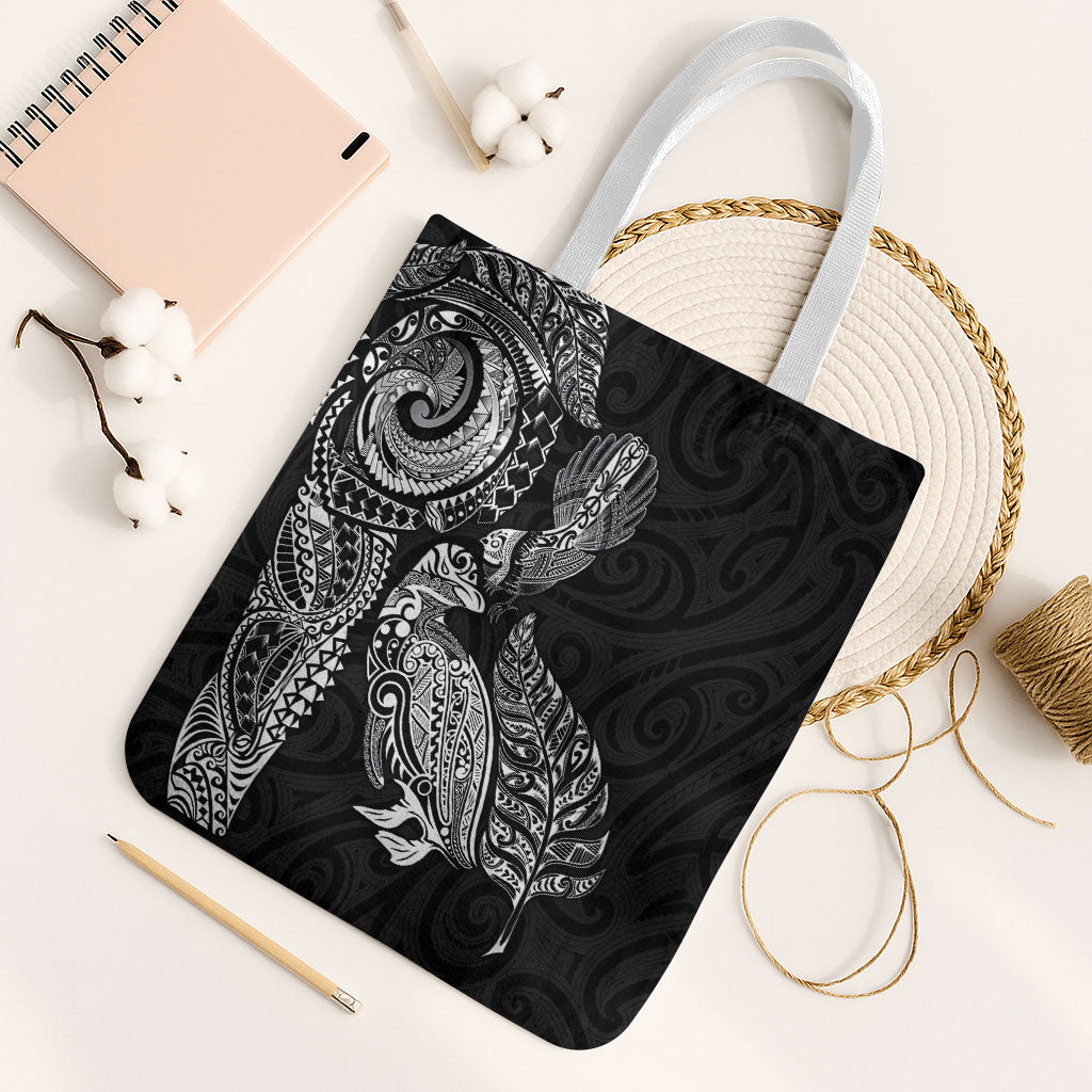 Aotearoa Moko Tribal Tattoo Tote Bag New Zealand Maori Penguin and Fantail Black Color LT03 White Strap One Size Black - Polynesian Pride