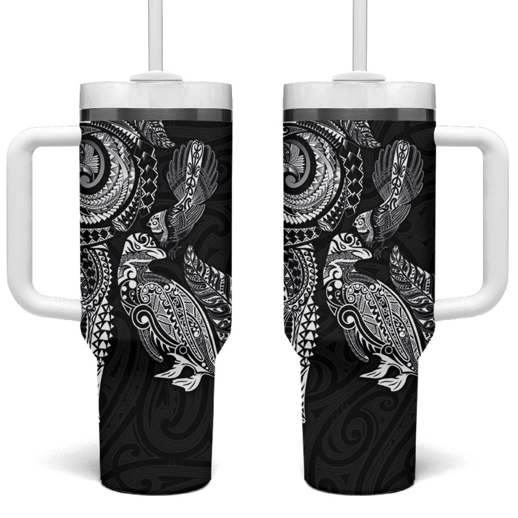 Aotearoa Moko Tribal Tattoo Tumbler With Handle New Zealand Maori Penguin and Fantail Black Color LT03 One Size: 40 oz Black - Polynesian Pride
