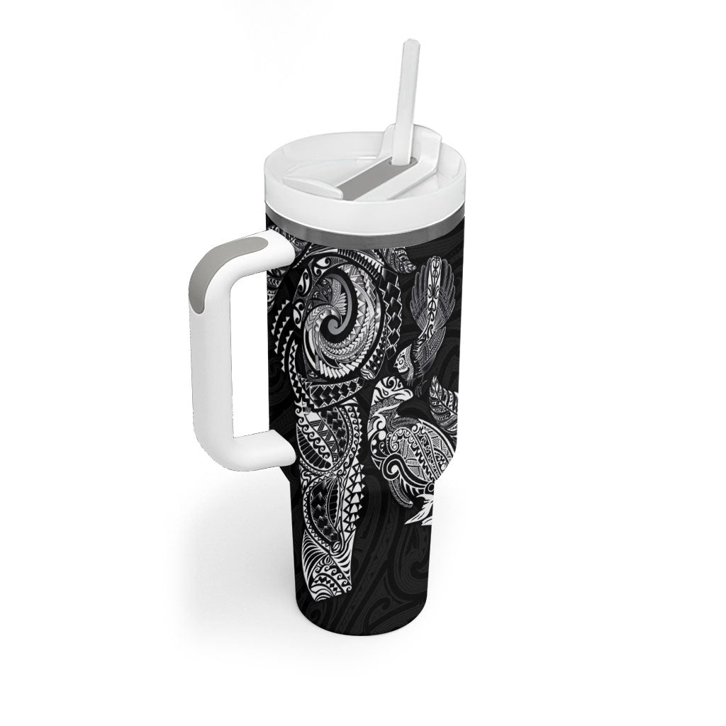 Aotearoa Moko Tribal Tattoo Tumbler With Handle New Zealand Maori Penguin and Fantail Black Color LT03 - Polynesian Pride