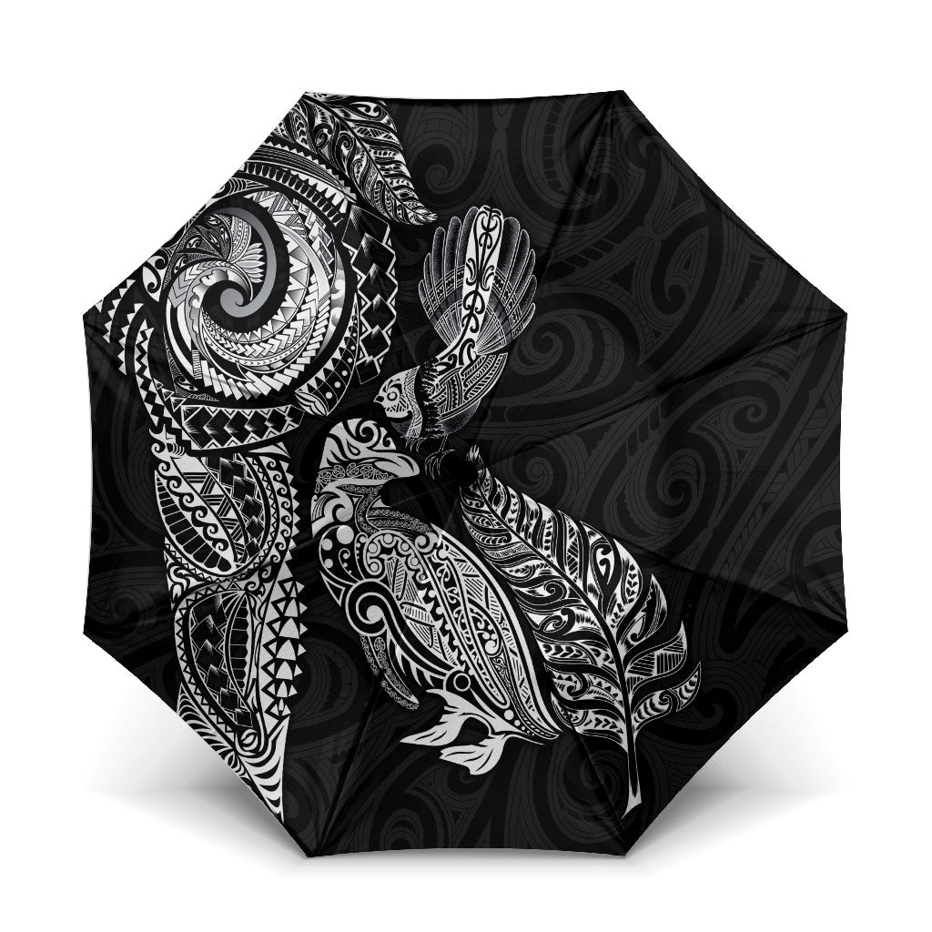 Aotearoa Moko Tribal Tattoo Umbrella New Zealand Maori Penguin and Fantail Black Color LT03 One Size Folded 11.42 inch Opened Diameter 37.4 inch Black - Polynesian Pride