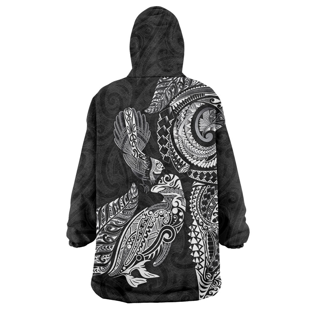 Aotearoa Moko Tribal Tattoo Wearable Blanket Hoodie New Zealand Maori Penguin and Fantail Black Color LT03 - Polynesian Pride