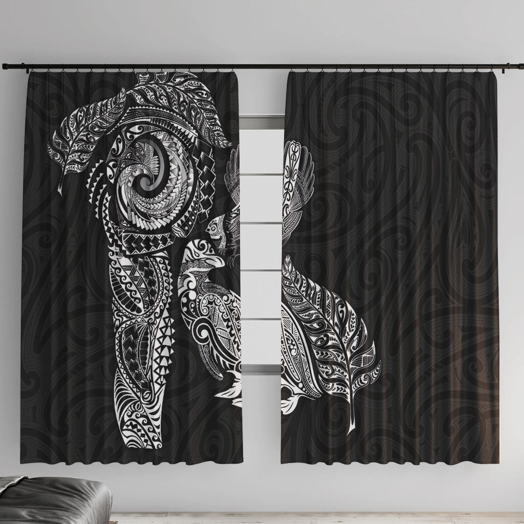 Aotearoa Moko Tribal Tattoo Window Curtain New Zealand Maori Penguin and Fantail Black Color