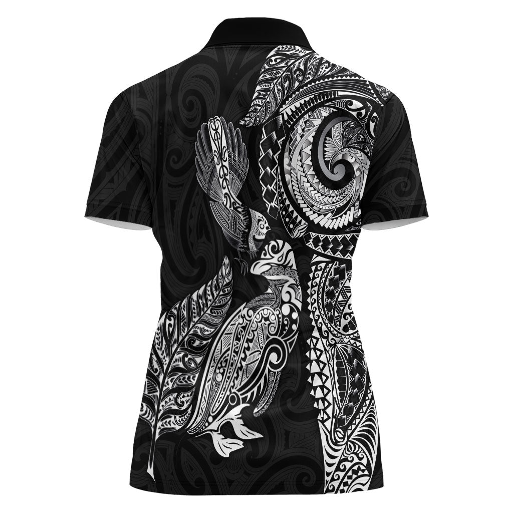 Aotearoa Moko Tribal Tattoo Women Polo Shirt New Zealand Maori Penguin and Fantail Black Color LT03 - Polynesian Pride